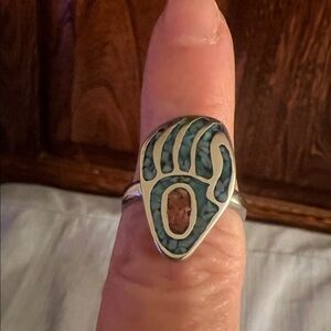 Southwestern Turquoise & Red Coral Bear Paw 7.5 Silver Tone Ring, excellent